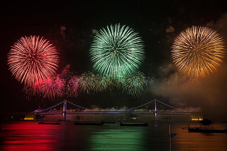 Flame, Festival, nattvisning, natthimlen, havet, Bridge, Fireworks festival