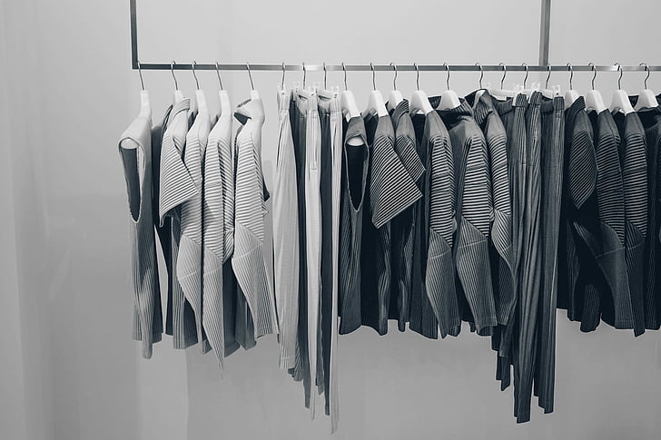 gray line, clothe, hanging, coathanger, clothing, rack, in a row