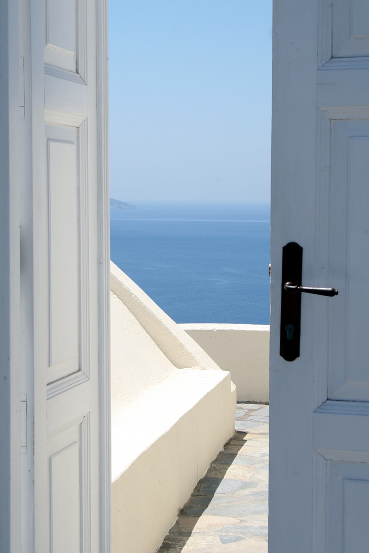 door, entry, sea, santorini, architecture, greece, blue