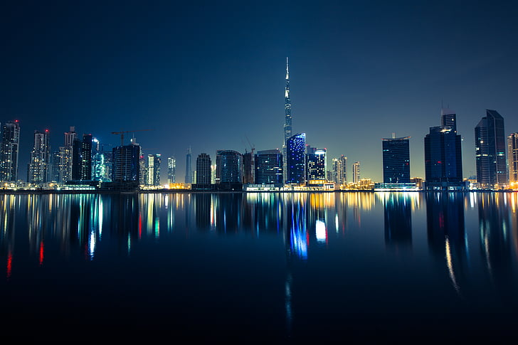 ville, Skyline, nuit, bâtiment, Émirats Arabes Unis, Emirates, Dubai