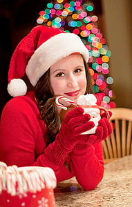 mulher Santa, Natal, chocolate quente, Santa, vermelho, chapéu, mulher
