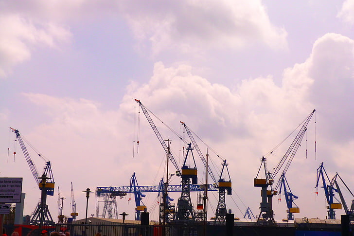Hambourg, port, grues, port maritime, grue de potence, nuages