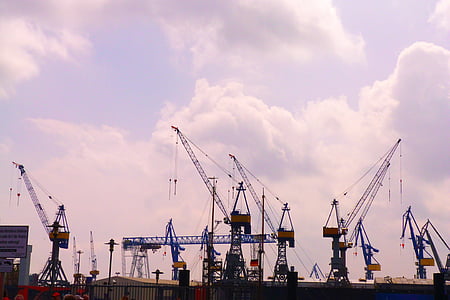 Hamburg, Port, Žeriavy, Seaport, Otočný žeriav, oblaky