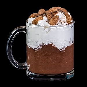 chocolate, almond, whipped cream, coffee, drink, food and drink, drinking glass