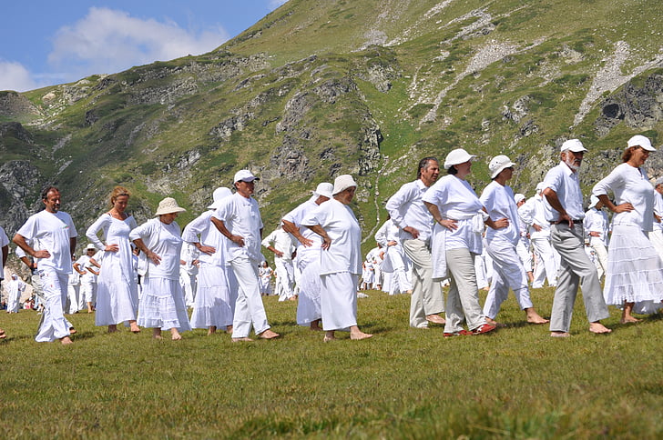 paneurhythmy, khiêu vũ, núi, Rila, Bulgaria, mọi người, trắng