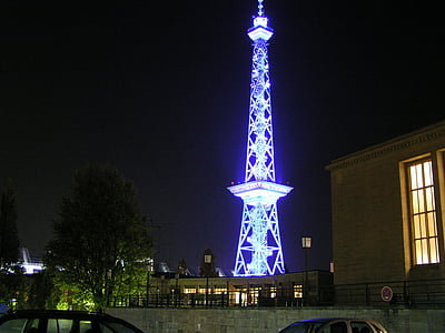 radiomast, Berlin, natt, tornet, belysta, blå, arkitektur