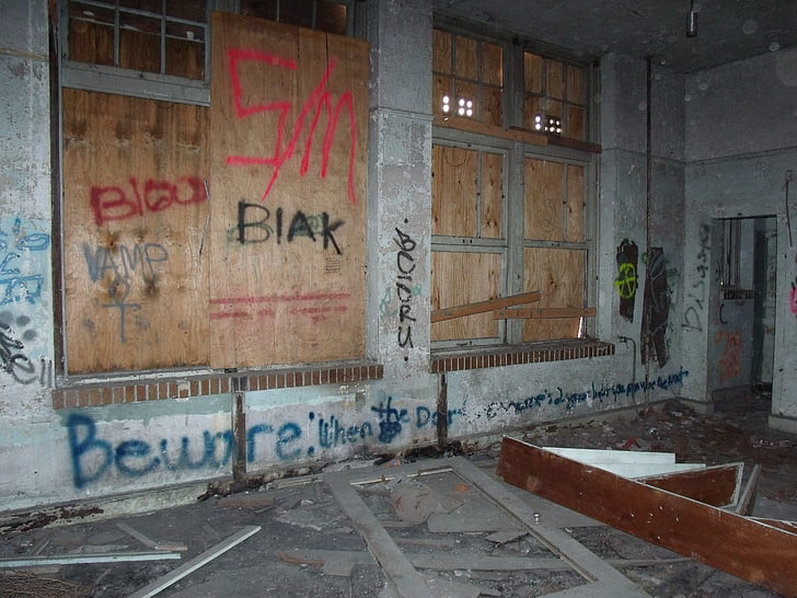 grafite, vandalismo, abandonado, edifício, Florida, casa, vazio