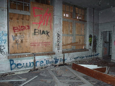 Graffiti, skadegörelse, övergiven, byggnad, Florida, hus, Tom