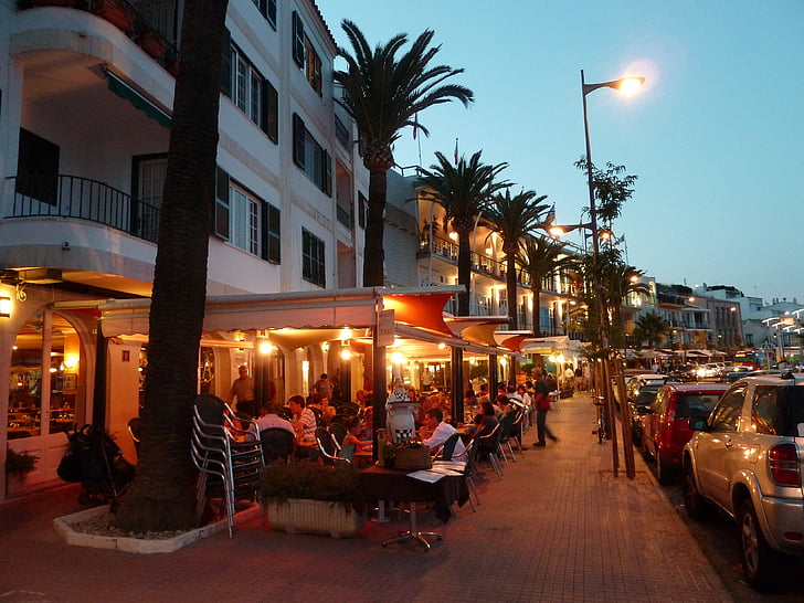Restorāns, Terase, Menorca, āra, Kafejnīca, vasaras, vakariņas