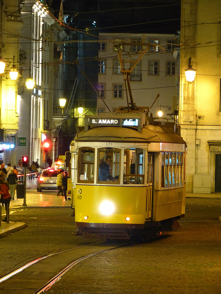 lisbon, tram, drive, transporting night, at night, portugal