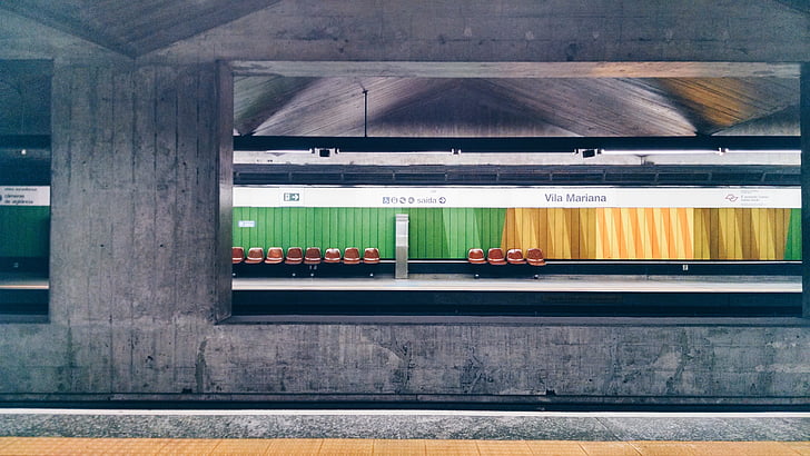 Stacja, metra, Pociąg, Szyna, szopa, pusty, krzesła