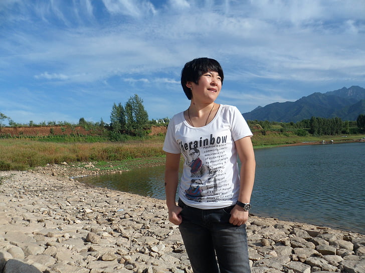 kvinna, Kinesiska, kvinna, landskap, Lady, sjön, blå himmel