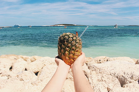beach, hands, ocean, outdoors, pineapple, rocks, sea