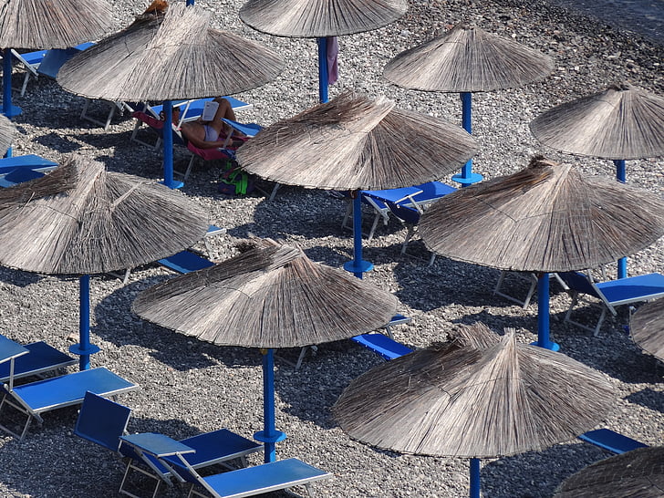 parasols, strand, bezorgdheid, zon, stro, ligstoel, ligstoel