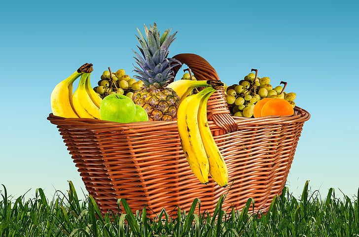vaisių krepšelis, vaisiai, vaisių, valgyti, maisto, ananasų, obuolių