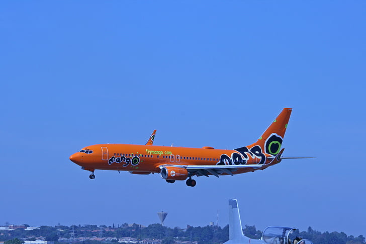 Jet, 737, Boeing, narancs, kijelző, repülő, alacsony