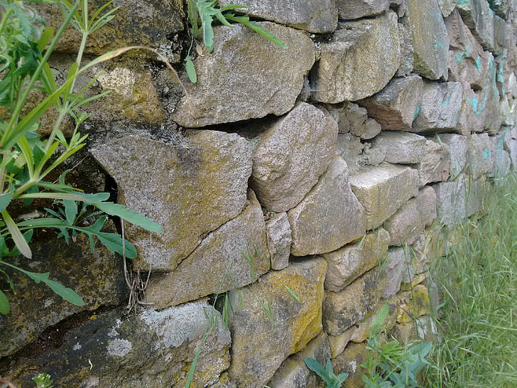đá, bức tường, cỏ, màu xanh lá cây, cũ, ngoài trời