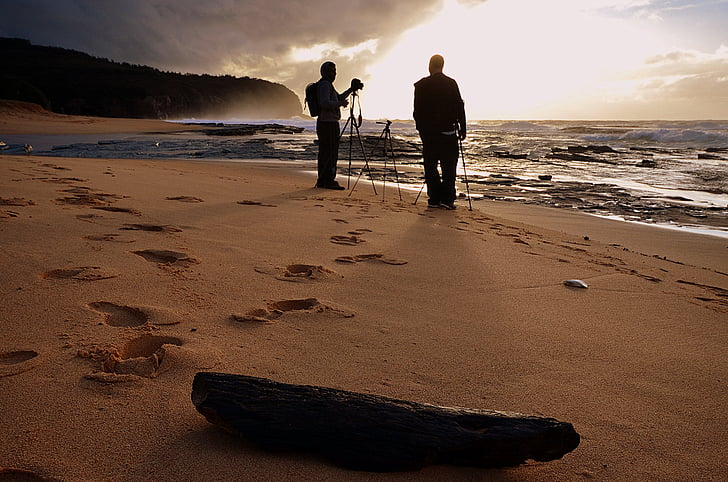 Alba, fotografia, fotògraf, trípode, platja, al costat del mar