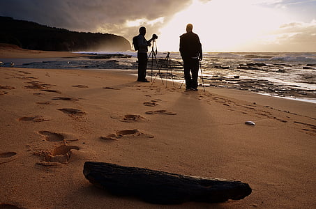 Alba, fotografia, fotografo, treppiede, spiaggia, vicino al mare