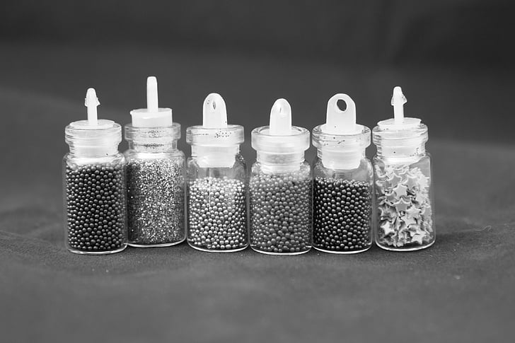 jars, tinsel, capacity, manicure, ornament, jewelry, black and white