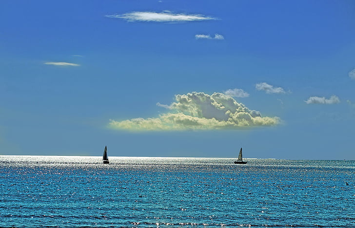 blu, Barche, paesaggio, natura, oceano, Barche a vela, mare