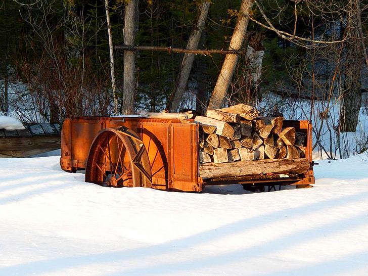 зимни, шейна, дървен материал, превоз, сняг, природата, студено