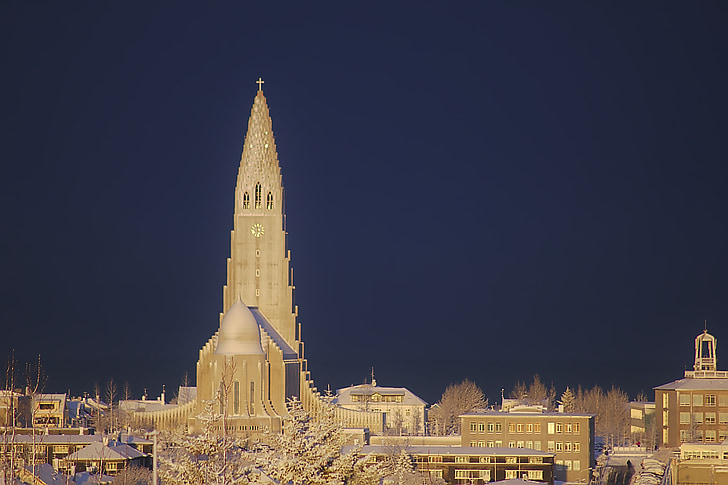 bažnyčia, balta, žiemą, sniego, mėlyna, šaldymo, Islandija