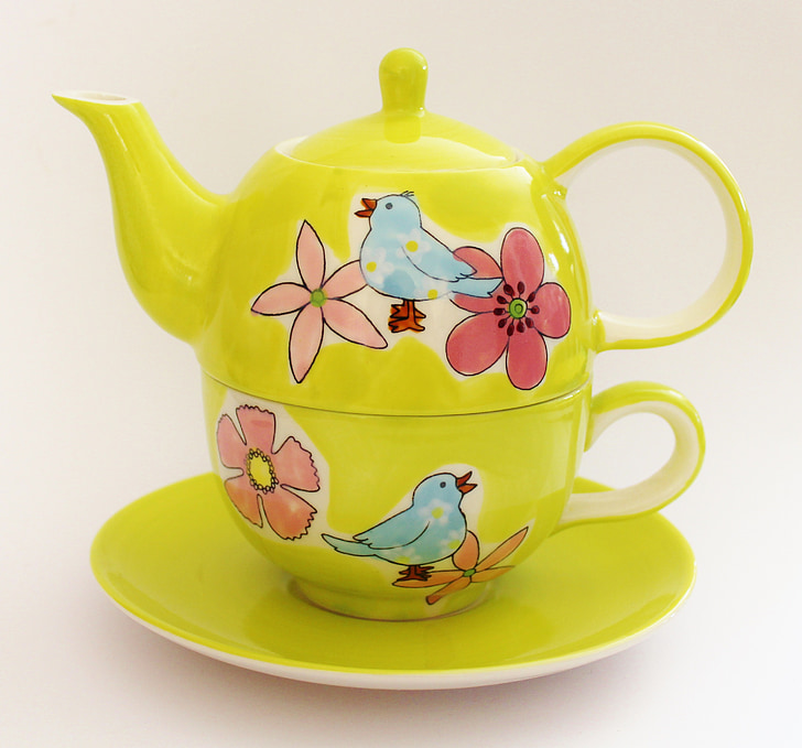 teapot, winter, cup, tea, green, blossom, bloom