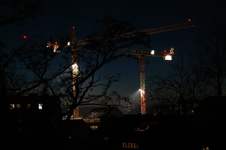 site, construction work, at night, night construction site, cranes, illuminated, dark