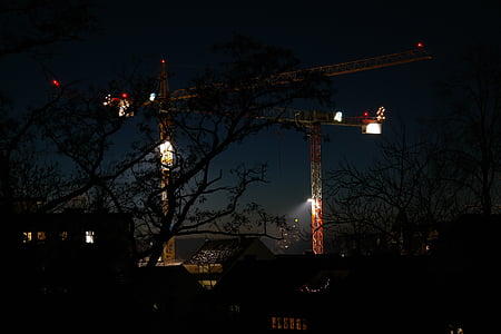 situs, pekerjaan konstruksi, Di malam hari, situs konstruksi malam, Crane, diterangi, gelap