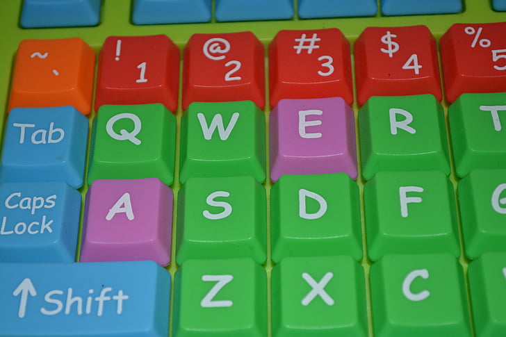 klávesnice, počítač, zelená, klíče, modrá, červená, barevné