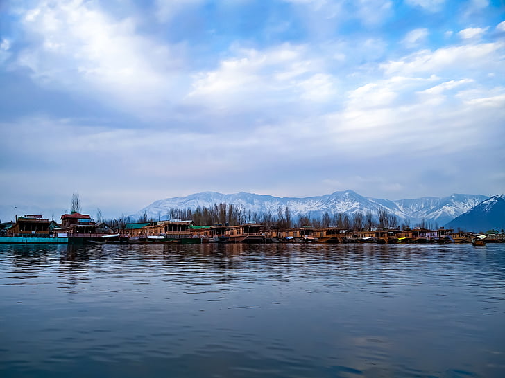 táj, dal lake, Srinagar, nézet, Himalája, Kasmír, Sky