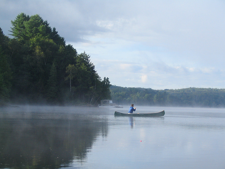 sjön, kanot, naturen, dimma, reflektion, lugn, morgon