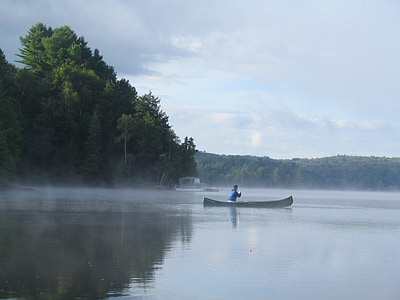 lake, canoe, nature, mist, reflection, calm, morning