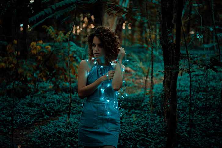 people, woman, girl, lady, forest, lights, trees