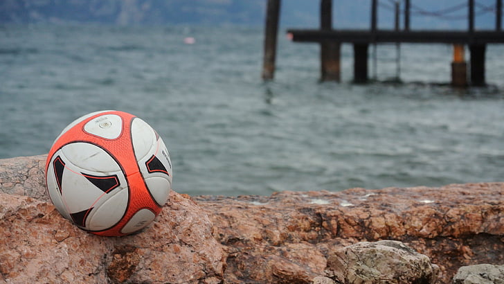 ball, football, lake, rock