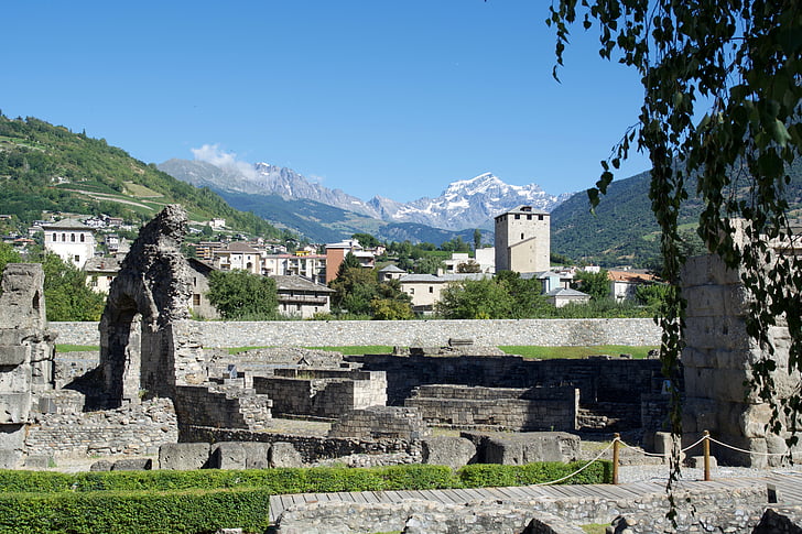 Aosta, montañas, ruinas, romano, Arqueología, edificio, arquitectura