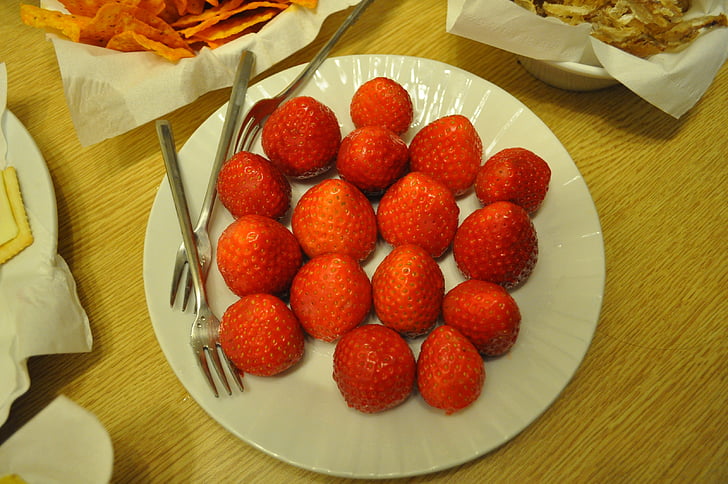 jordbær, snack, dessert, spisebord, frugt, træ borde
