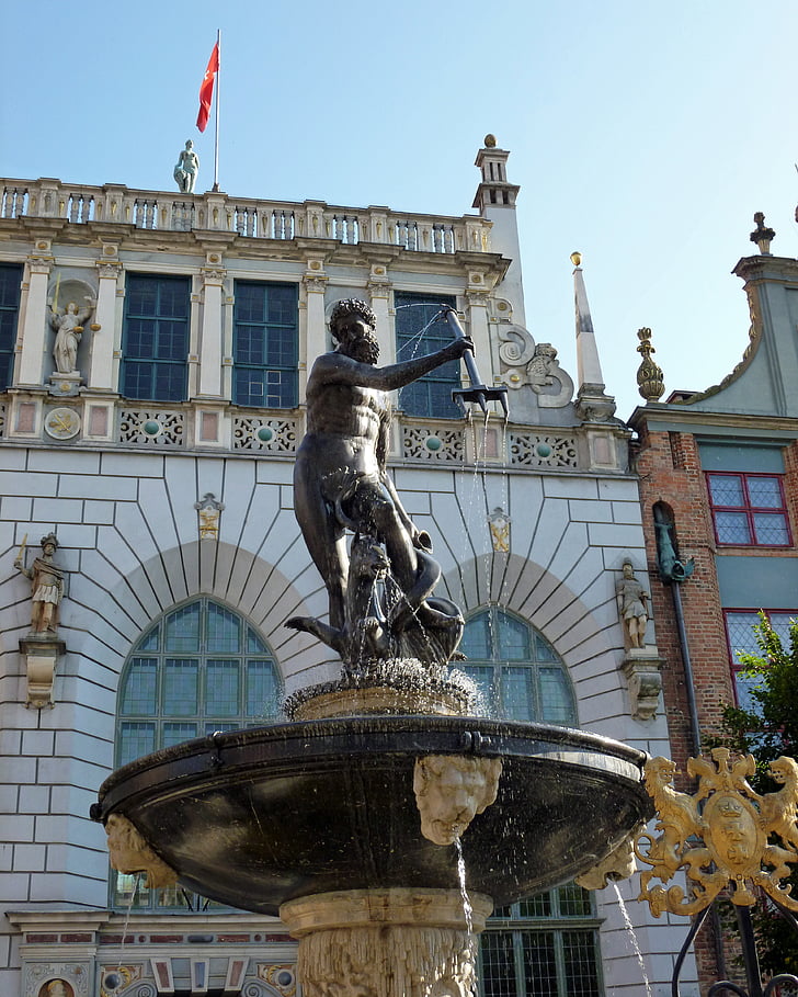 Gdańsk, Neptunbrunnen, gamla stan, Polen, arkitektur, historiskt sett, byggnad