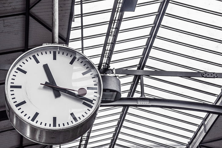 greyscale, photo, clock, time, train station, station clock, deadline
