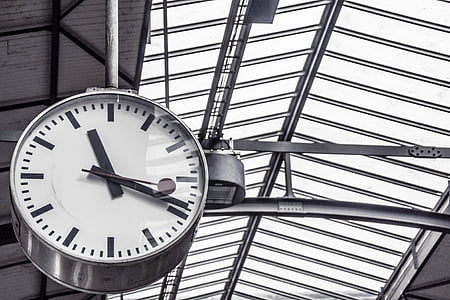 greyscale, photo, clock, time, train station, station clock, deadline