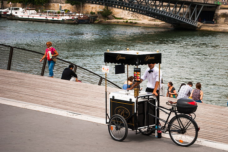 París, Turisme, riu Sena, venedors ambulants, bicicletes, persones, riu