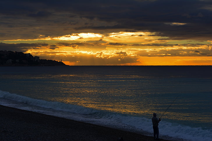 sunset, beach, coast, shore, fishing, person, waves