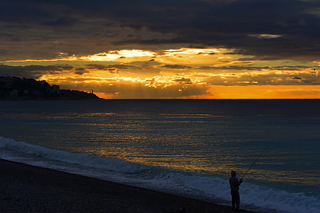 tramonto, spiaggia, Costa, Riva, pesca, persona, onde