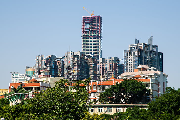 kõrged hooned, maja, punase klotsi, puud, Hiina, City, Urban