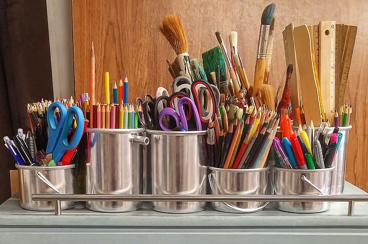art supplies, brushes, rulers, scissors, paintbrush, supplies, education