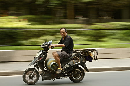 man, wearing, black, shirt, riding, motor, scooter