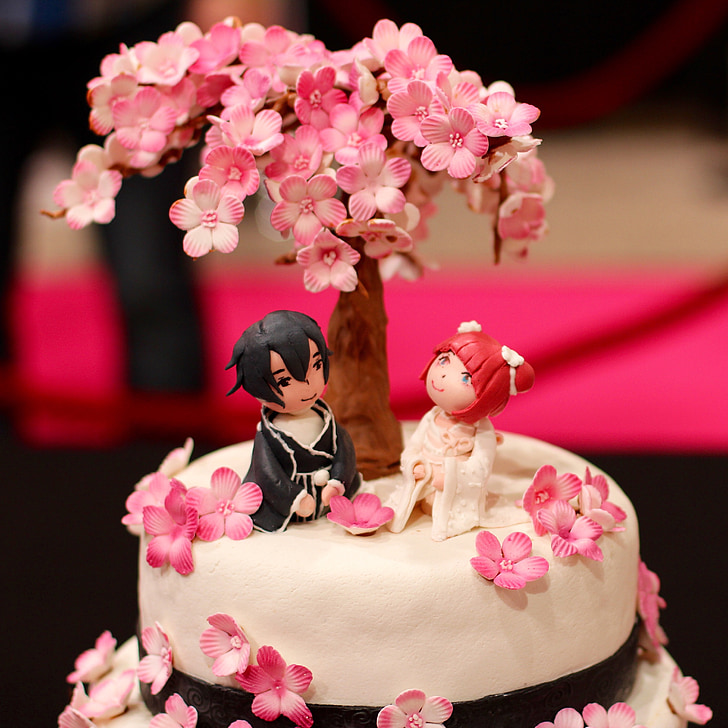 torta, cseresznye virágok, hanami, manga, Japán, stílus, esküvő