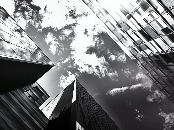 architecture, black-and-white, buildings, city, glass, low angle shot, monochrome