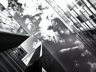 Architektúra, čierno-biele, budovy, mesto, sklo, nízky uhol shot, Monochromatický